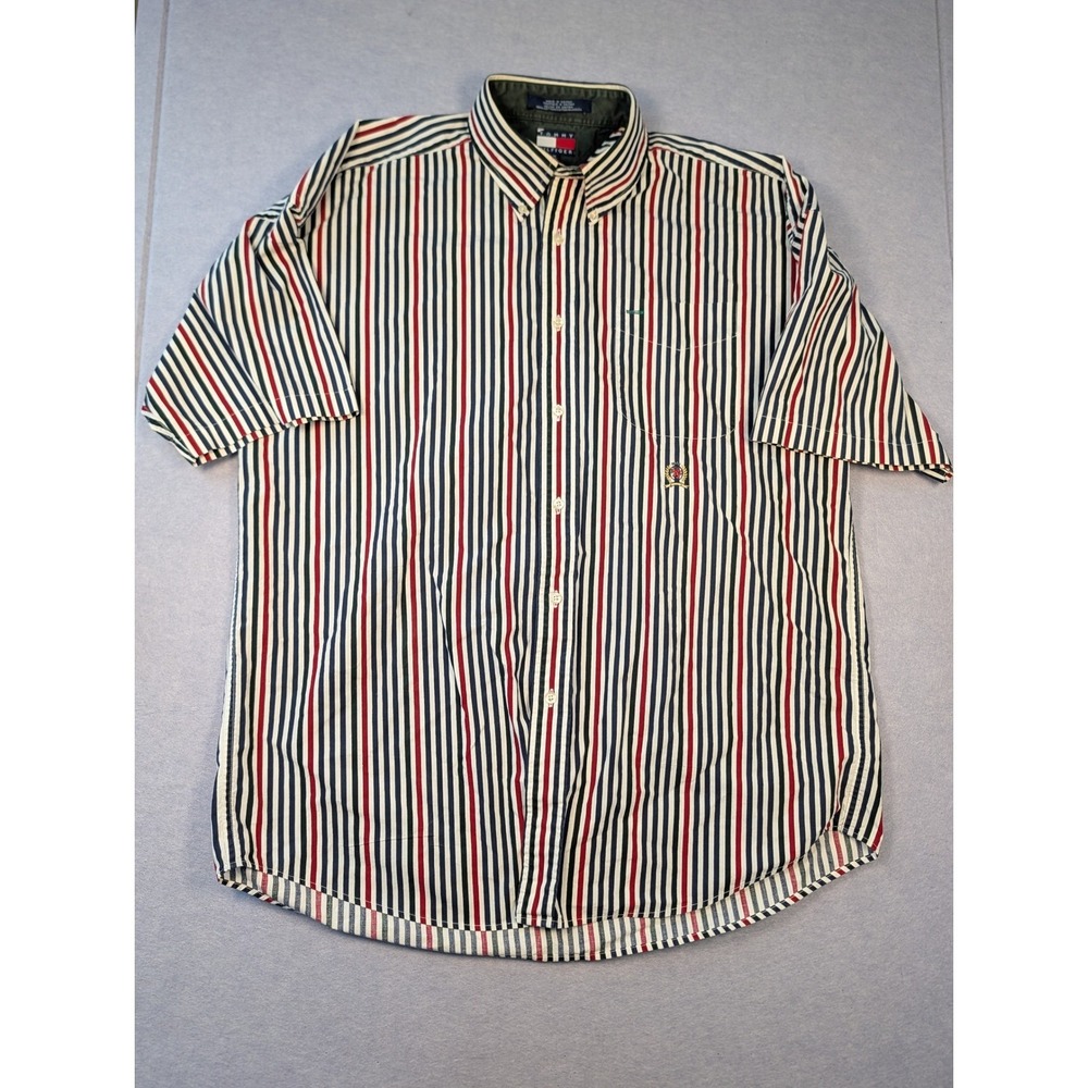 Tommy Hilfiger Shirt Mens Medium Multi Stripe Short Sleeve Vintage Excellent